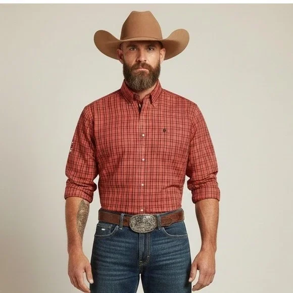 NWOT Ariat Pro Series Mens Red Plaid Long Sleeve Button Up Shirt Fitted Size L - Picture 1 of 16